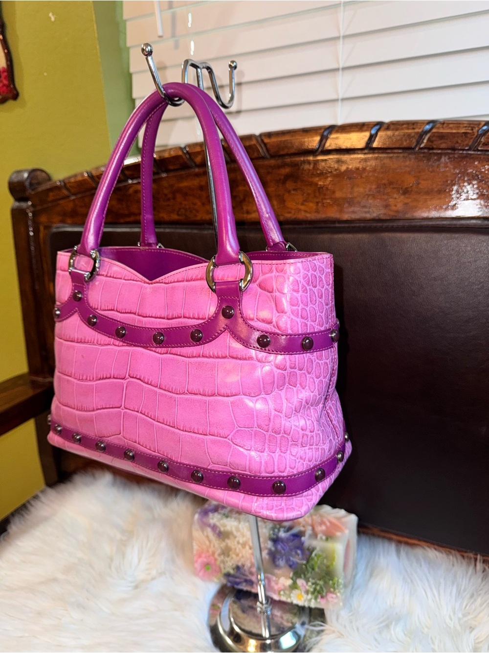 Escada Pink Croc-Embossed Studded Tote